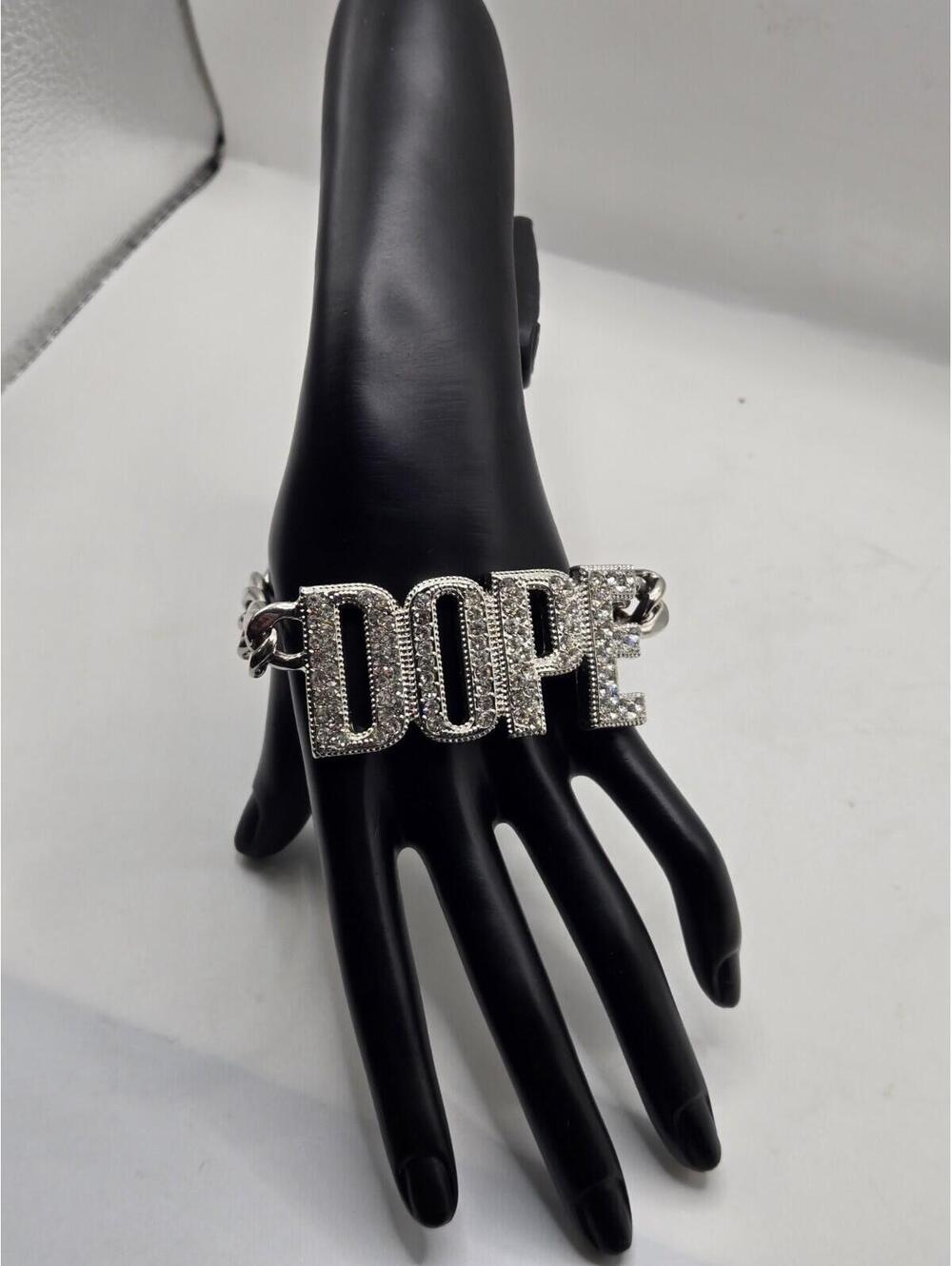 Iced Out DOPE Letter Bracelet Men Women Silver Curb Link Hip Hop Crystal Jewelry